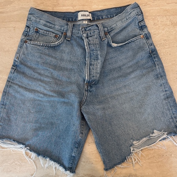 Agolde Pants - Agolde Frayed Hem High-Rise Denim Shorts in Light Blue
